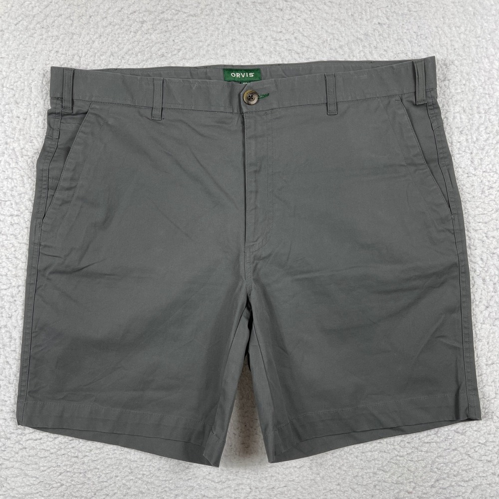 Orvis Chino Shorts Mens 40 Grey Cotton Stretch Flat Front Casual Travel Outdoors